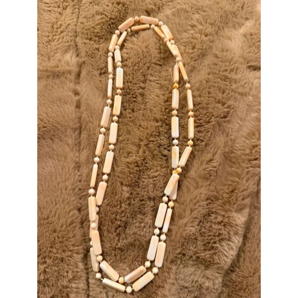Vintage Cream Barrel Bead Statement Necklace - Boho Long Strand